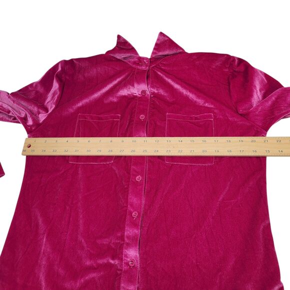 Women's Velvet Button-Down Shirt Blouse Fuchsia Pink Long Sleeve Size Large - Picture 8 of 9